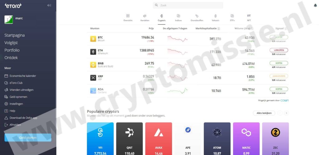 Op deze foto zie je de broker eToro die cryptocurrency aanbied