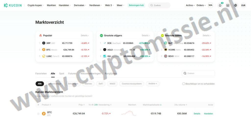 Op deze foto zie je het Nederlandstalige interface van kucoin in vergelijking met Mexc global vs kucoin