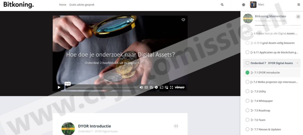 Op deze foto zie je Module 7: DYOR Digital Assets van de Bitkoning Masterclass
